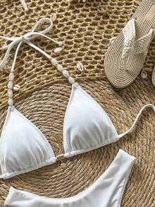 Bộ bikini trắng quyến rũ đính ngọc trai | Món đồ không thể thiếu cho đêm hẹn hò Valentine | Áo tam giác với mặt dây chuyền vỏ sò vàng + Quần cạp cao | Phải có cho những kỳ nghỉ biển và lãng mạn bên hồ bơi - trắng - Xem 3