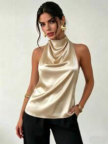 Áo kiểu nữ mùa hè thanh lịch, giản dị, cổ đổ, dây buộc sau bằng satin, thích hợp cho tiệc tùng, đi biển, nghỉ mát, công sở và mặc hàng ngày. - Rượu sâm banh - Xem 3