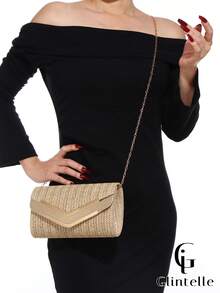 Glintelle Brown Woven Summer Beach Clutch, Elegant Vacation Dinner Handbag, Detachable Chain Design, Suitable For Weddings, Parties, And Vacation Occasions - Brown - View 4