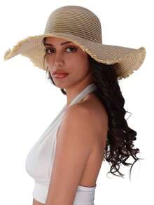 1pc Grass Banding Women Bow Decor Wide Brim Straw Hat Beach Valentine's Day Multicolor Wide Brim Hat Women Beach Travel Hiking Elegant Bow Valentine's Day - 卡其色 - 查看 2