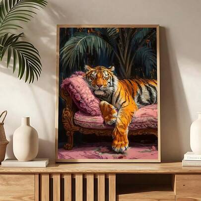 1pc Vintage Pink Leopard Wall Art, Majestic Tiger Relaxing On Vintage Pink Sofa Canvas, Exotic Wildlife Wall Art, Jungle Animal Canvas Decor, Tiger At Pond Art Print, Festival Gift, The Ideal Gift For Friends, Bedroom Art Print, Living Room Decor, Office Decor, Kitchen Decor, Bathroom Decor, Wall Arts, Wall Decor, Home Decor, Room Decor, Canvas Wall Art, Posters, Wall Art With Frame, Optional Frame ﻿ ﻿
