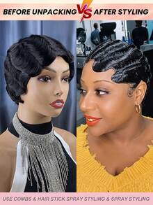 Chic Finger Wave Pixie Cut Wig With Bangs For Women - 180% Density 4inch Brazilian Remy Human Hair, Ocean Wave Style, Short Mommy Hair, Perfect For Daily Wear And Parties - Natural Black - View 8