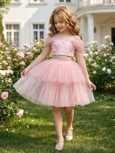 2 件套少女亮片花朵和网眼拼布细肩带公主裙套装，优雅的生日礼物，派对，舞会，花童，节日庆典