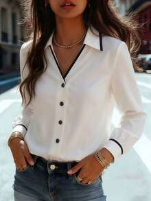 女士休闲撞色衬衫一件装，简约休闲，适合户外、通勤穿着，白色优雅上衣，优雅丝绸衬衫，米色衬衫，适合办公室、度假、居家、日常穿着、节日、四季春季穿着。 - 白色 - 查看 1