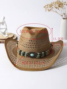 1pc Unisex Turquoise Decor Dyeing Printed Adjustable Hollow Out Summer Travel Shade Hand Woven Wide Brim Windproof Rope Breathable With Beaded Trim Band Handmade Cowgirl Hat Cowboy Hat Sun Hat Beach Hat Straw Hat - 橘色 - 查看 4