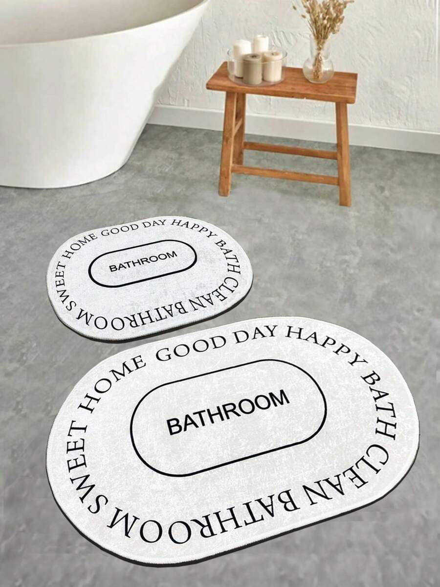 Juego de 2 alfombrillas de baño ovaladas con estampado de letras, alfombrilla antideslizante texturizada gris, alfombrilla absorbente con estampado "Sweet Home" - 60*100 y 50*60 - Fabricada en Turquía - Blanco Crema - Ver 1