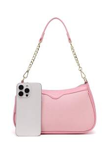 Túi đeo vai dây xích màu hồng, túi đeo chéo nhỏ dành cho nữ, túi thời trang đa năng, thiết kế tối giản nhẹ nhàng, túi hình trăng lưỡi liềm, túi baguette, túi đeo nách phong cách Y2K. - Hồng - Xem 3