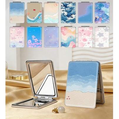 1个便携式折叠化妆镜，轻巧便携，适合海滩、旅行、聚会、工作、学校等各种场合，老少皆宜，海洋主题PU皮革材质。