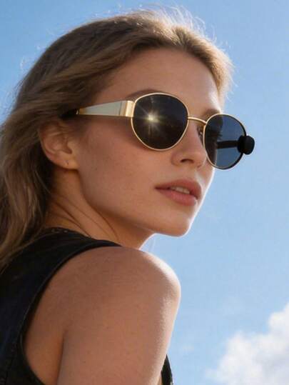 1pc Retro Oval Metal Frame Fashion Glasses, Unisex, Stylish Glasses, High-End Appearance, Suitable For Women's Daily Shopping And Photo Wearing