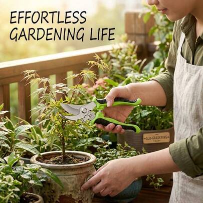 2026升级版修枝剪，绿黑双色防滑舒适手柄，弹簧辅助开合，锋利无比，修剪流畅，四季皆宜，多功能园艺修枝剪，适用于盆栽植物、灌木和树木，经久耐用，防锈，轻巧易用，是户外庭院和露台的必备园艺工具。