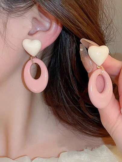1 Pair Sweet Minimalist Pink Heart Earrings, Elegant Everyday Wear Earrings For Outing And Daily Use