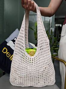 1 pieza Bolso de mano de ganchillo con contraste de color en forma de corazón, bolso de playa de gran capacidad y moda, versátil para ir y venir, regalo del Día de la Madre, adecuado para viajes a la playa en primavera, verano, otoño e invierno. Disponible en beige, albaricoque, azul, verde, caqui y otros colores, hecho de fibra de poliéster, adecuado para atuendos casuales, de playa y de trabajo, estilo bohemio, textura tejida, bolso de mano espacioso, esencial para vacaciones, también adecuado para oficina y vuelta al colegio, elemento de ganchillo, ambiente de vacaciones. - Multicolor - Ver 30