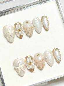 2026 Spring Summer Hot Selling Press On Nails, 10Pcs Medium Almond Milky Jelly Ocean Shell Starfish Fake Nails With 3D Flower Gold Rhinestone, Reusable Beach Handmade Nail Kit, Free Jelly Glue Tabs & Nail File - Follow Your Heart - View 2
