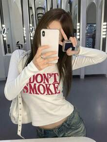 圆领长袖T恤，美式坏女孩风格，春秋新款字母印花，女士短款修身休闲上衣，白色 - 白色 - 查看 2