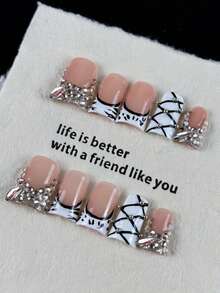 10pcs High-End Luxury Yet Minimalist Style, Hand-Painted Zebra Pattern, Dazzling Glittering Diamonds Handmade Fake Nails Handmade Press On Nails - Baby Pink - View 4