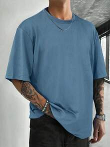 Manfinity LEGND Loose Fit Men's Solid Color Round Neck Short Sleeve Casual T-Shirt - 藍色 - 查看 1