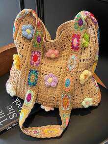 Handmade Crochet Grandmother Plaid Shoulder Bag, Colorful 3D Floral Woven Tote Bag, Bohemian Style Beach Bag, Hollow Knitted Vintage Bag, Dopamine Outfit Bag, Handwoven Bag, Large Capacity Underarm Bag For Summer, Elegant Crochet Handbag, Atmospheric Travel & Photo Prop Bag - Multicolor - View 11