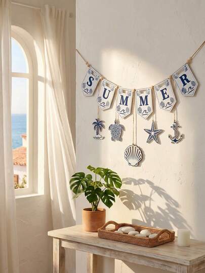 1 Set Summer Themed White Banner With SUMMER Text, Includes 5 Pcs Ocean Elements Decorations: Nautical Beach Style Pennant Garland, Vintage Hollow Wall Decor, Reusable Party Banner, Suitable For Summer Pool Party, Beach Theme Party, Patio Porch Decor, Living Room Bedroom, Garden Backyard, Mediterranean Style Room, Holiday Decor, Photo Props