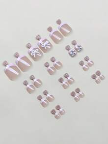 24pcs Press-On Fake Nails For Toes, French Nails, Nude Toes Nails, Bow Decoration Nails,AB Sparkling Rhinestone Decorative Nails,Wearable Nail Art Halffinished Board For Applying Nails, Full Coverage Glossy Daily Fake Nails, Ladies Reusable, Easy To Wear And Remove, With Jelly Glue And Nail File DIY Nail Supplies, Suitable For Party, Dance Party, Etc. - Pink - View 5