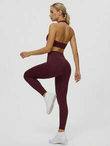 Sodalemon Women's Solid Color Ruched Casual Daily Sports Bra - Burgundy - View 3