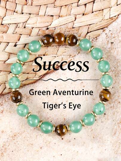 Natural Stone Luck Bracelet,Green Aventurine&Tiger'S Eye,Brings Well-Being And Emotional Calm,Stretch Jewelry,Suitable For Both Men And Women,Ideal For Daily Wear