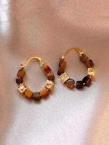 1 par de pendientes de cobre con estilo vintage y piedra de ojo de tigre natural para mujeres - Estilo 2 - Ver 2