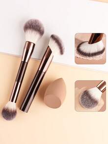 Professional Dual-Ended Makeup Brush + White Beauty Sponge Set, Dual-Headed Blusher Brush + Angled Contour Brush, Soft Bristle Cosmetic Tool Kit - Multicolor - View 2