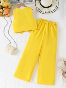 Tween Girl Solid Color Single-Breasted Top And Wide-Leg Pants Casual Daily Outfit - Yellow - View 2
