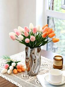 5PCS Artificial Tulips Flowers Real Touch PU Faux Tulip Bouque, Realistic Fake Flower Stems For Home Office Kitchen Wedding Decoration, DIY Floral Arrangements, Spring Home Party,Anniversary And Mother's Day Gifts - Orange - View 1