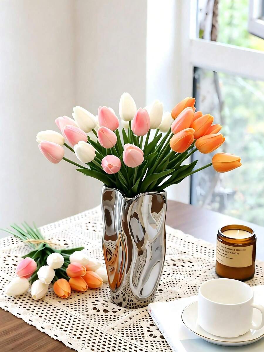 5PCS Artificial Tulips Flowers Real Touch PU Faux Tulip Bouque, Realistic Fake Flower Stems For Home Office Kitchen Wedding Decoration, DIY Floral Arrangements, Spring Home Party,Anniversary And Mother's Day Gifts - Orange - View 1