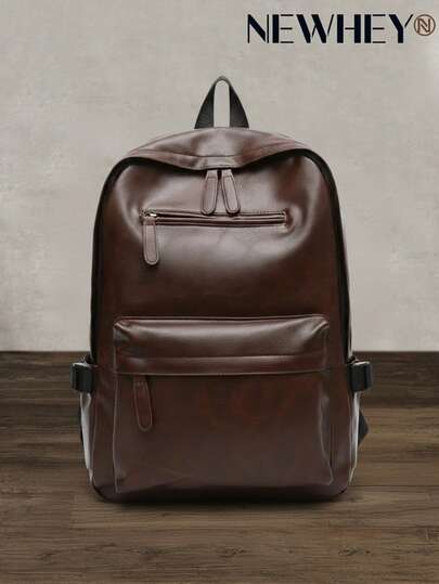 NEWHEY Mochila de cuero marrón vintage para hombres, mochila clásica de tamaño completo para la escuela, viajes y trabajo, bolsa de libros de cuero PU impermeable