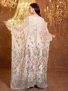 Đầm dạ hội dài tay phối sequin SUPGIR [Họa tiết ngẫu nhiên] dành cho nữ, có thể mặc hai mặt, kèm thắt lưng. - Màu be - Xem 3