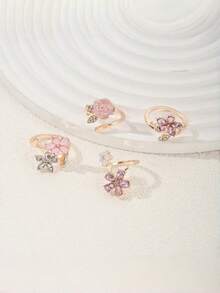 Floral Ring Set For Women, Fashionable Niche Fairy Style Sweet Luxury Rhinestone Decorated Handpiece - Pink - View 1