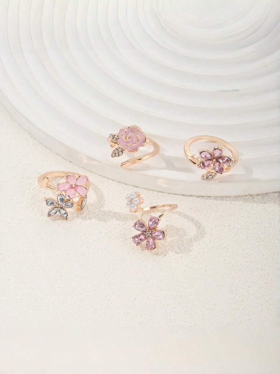 Floral Ring Set For Women, Fashionable Niche Fairy Style Sweet Luxury Rhinestone Decorated Handpiece - Pink - View 1