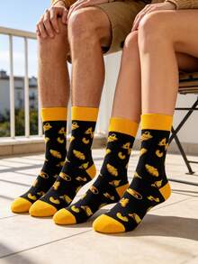 两双情侣袜，黑黄相间意大利面图案，个性化趣味休闲袜，四季皆宜 - 彩色 - 查看 4