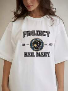 Fashion Women'S Apparel All Seasons, Sci-Fi Pin Design T-Shirt With Project Hail Mary Theme, Hardcore Sci-Fi And Retro Space Pin Style, Accurately Paying Tribute To This Classic Sci-Fi Work - 白色 - 查看 6
