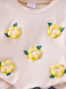 2pcs Young Girls Casual Apricot Short Sleeve Top & Embroidered Denim Long Pants Set, Thin Spring/Summer Outdoor - Apricot - View 3