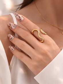 18K镀金PVD防水不锈钢几何波浪可调节开口戒指（女士款） - 波浪 - 查看 4