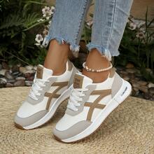 Tênis Retrô Bicolor Feminino, Tênis Casuais de Cadarço Bege e Branco, Tênis de Caminhada Confortáveis e Antiderrapantes, Tênis Esportivos Femininos na Moda - Damasco - Visão 2