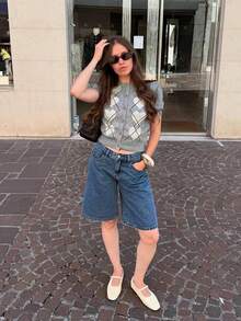 Women's Summer Fashionable Versatile Color Block Geometric Pattern Short Sleeve Knit Top, Heart-Shaped Button Design, Round Neck - Multicolor - View 8