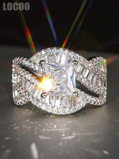 1 pieza Anillo de piedra de circonita cúbica de lujo, adecuado para mujeres, ideal para bodas, compromisos, fiestas de aniversario, regalos del Día de San Valentín