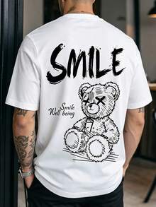 Áo thun nam dáng rộng in hình gấu, kiểu dáng đường phố, tay ngắn, unisex. - trắng - Xem 1