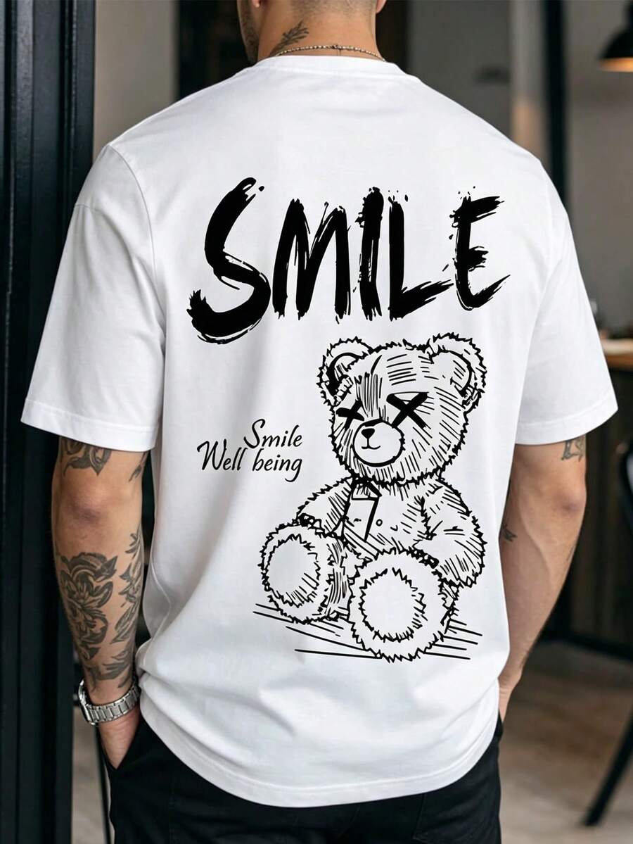 Áo thun nam dáng rộng in hình gấu, kiểu dáng đường phố, tay ngắn, unisex. - trắng - Xem 1