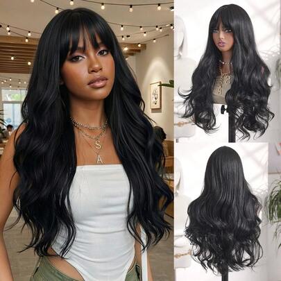 24 Inch Women'S Natural Black/Gray/Light Red Body Wave Synthetic Wigs With Bangs, Long Curly Hair, Elegant Style, Rose Cap,Heat Resistant Fiber, For Cosplay Music Festival, Daily Use - All Ethnicities Natural Black Curly Wigs Long Curly Wavy Synthetic Body Wave Wigs With Bangs For Daily Costume Party Cosplay Use Daily Use, Family Gatherings,Festivals, Parties,Valentine's Day High-Quality Women's Natural And Beautiful Synthetic Soft Fake Fiber Hair