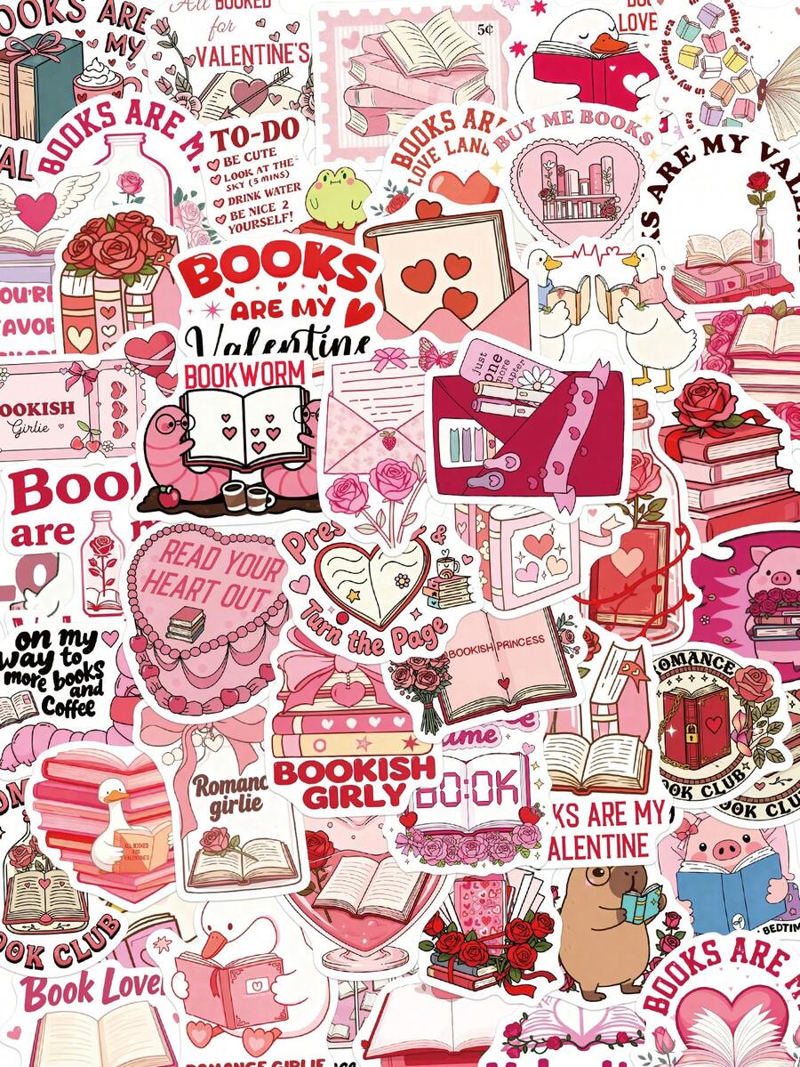 50pcs Valentine's Day Bookish Stickers For Laptops, Suitcase, Scrapbook, Storage Box, Decorative DIY, Graffiti Stickers - Multicolor - View 1