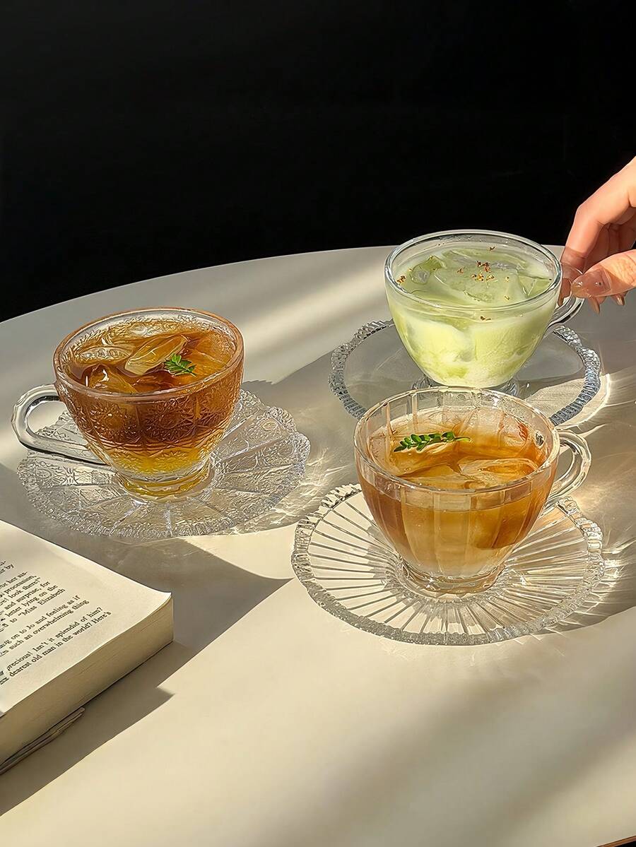 1pc Nordic Ins Retro Embossed Coffee Cup & Saucer Set, Latte Cup, Glass Tea Cup - Multicolor - View 1