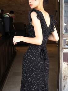 [Y6Y] Đầm maxi dáng chữ A bằng chiffon chấm bi thanh lịch, tay ngắn xếp nếp, cổ vuông, chân váy xòe. - màu đen - Xem 3