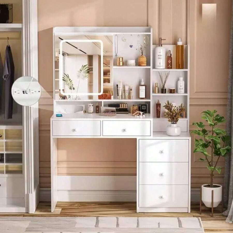 Mesa de Vestir con Cajones para Recámara ,Mesa de Maquillaje con Espejo y Luces LED, para DormitorioTocador de Maquillaje con Enchufe de Energía - Blanco - Ver 1