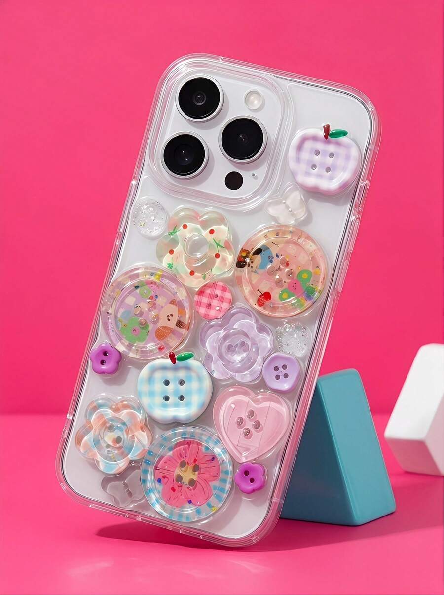 可爱3D纽扣格子透明环氧树脂软手机壳，适用于16/15/14/13 Pro Max/17/17 Pro/17 Pro Max，时尚可爱少女防震后盖 - 無色 - 查看 1