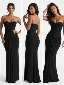 Women's Strapless Evening Gown With Corset Bodice Lace Appliqués And Twist-Draped Sash, Party Dresses For Formal Galas And Special Occasions - màu đen - Xem 9